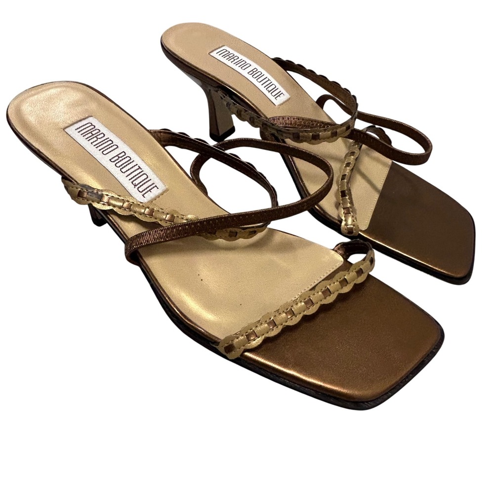 Marino Boutique Womens 9W Bronze Metallic Strappy Square Toe Kitten Heel Sandals